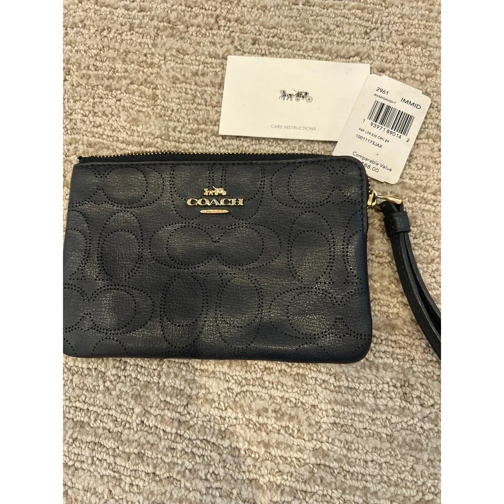 Coach Navy Signature Wristlet Card Holder with Gold Logo